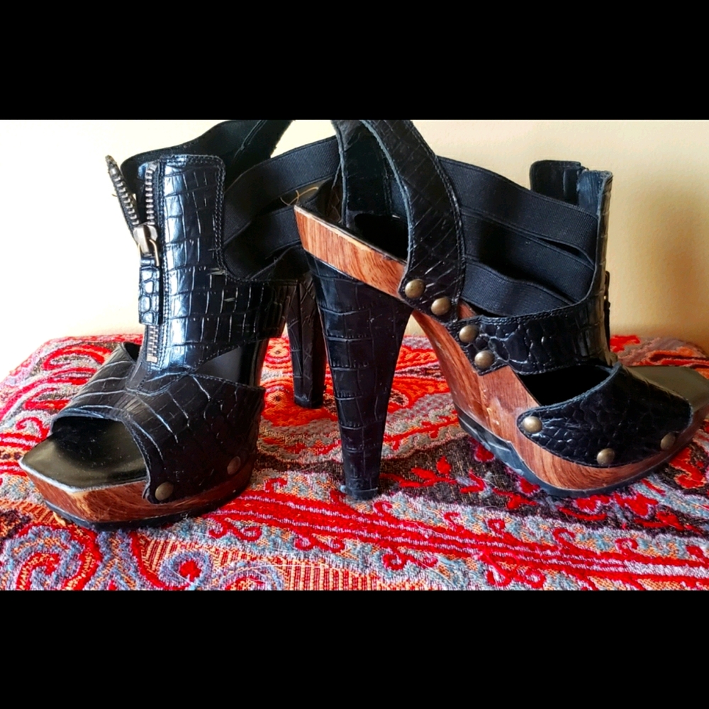 Just Fab black faux croc and wood sandals